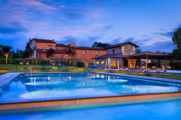 Pool, L'Oliveto and Villa Hombert by night